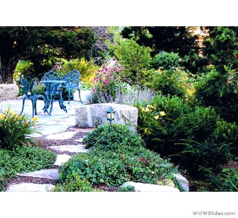 Irregular bluestone patio with stone